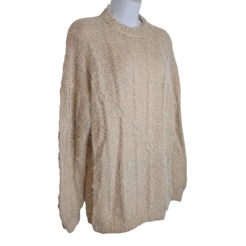 Women's M/L Hand Knit Handmade Pullover Sweater Beige Eyelash Cable‎ Mock Neck